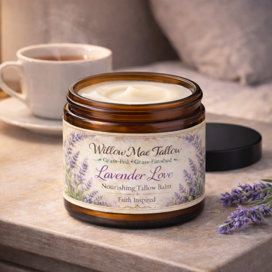 Like a warm cup of tea for your skin.
Grass-fed tallow and slow-infused lavender melt gently into dry, tired skin.